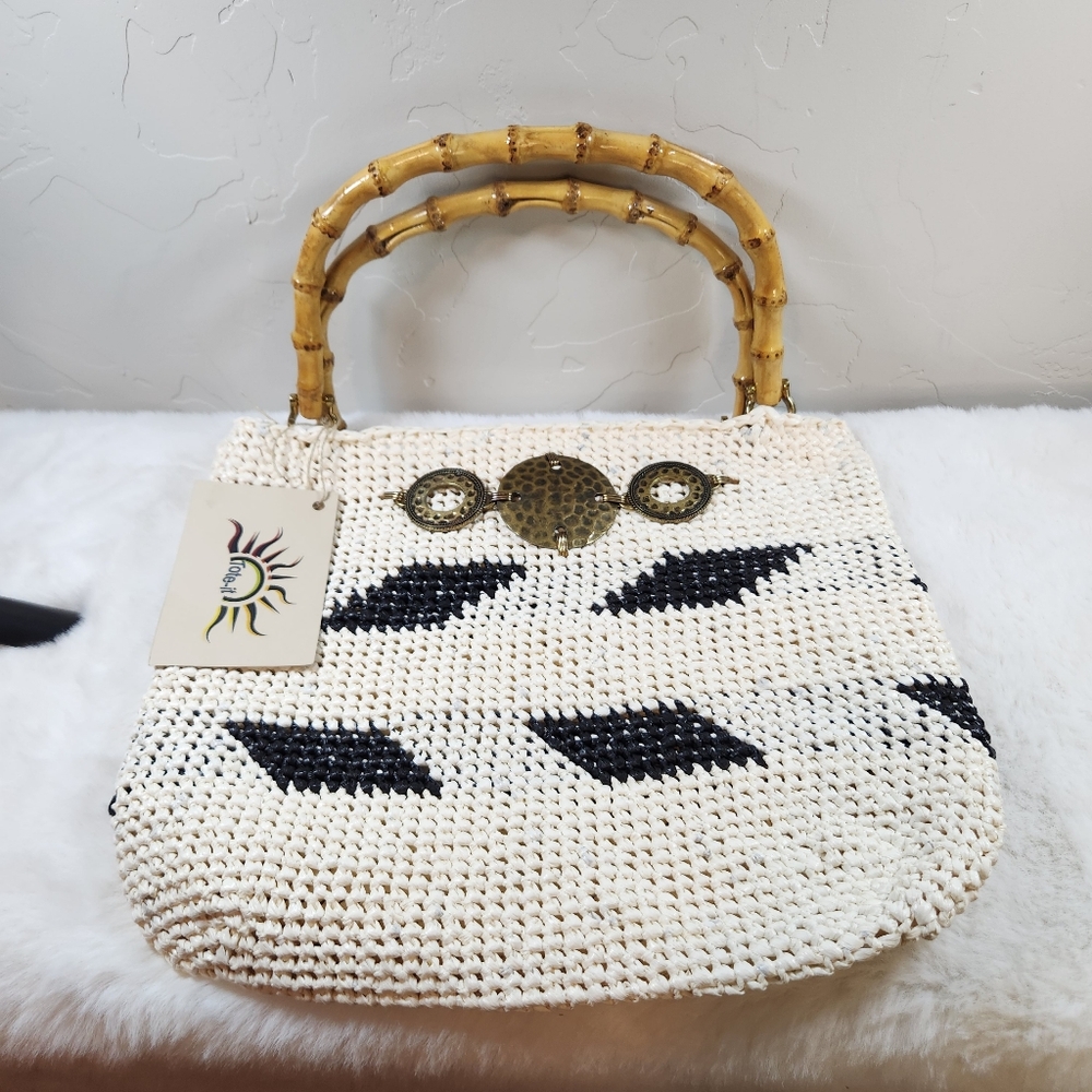 Tote It Straw Woven Tote Bag | NWT | Bamboo Handle Black Leaf Pattern Purse - Picture 7 of 7